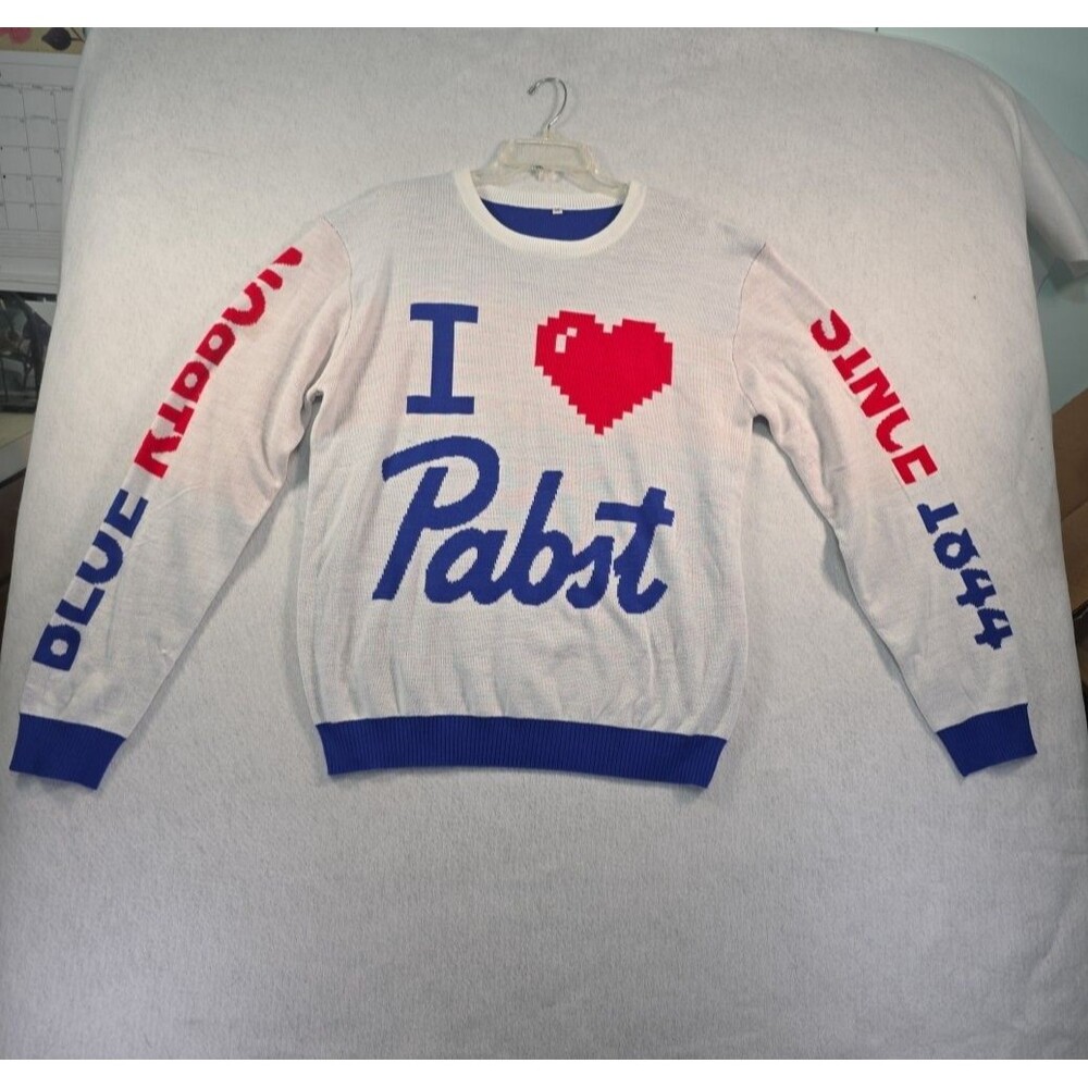 Pabst Blue Ribbon Beer Sweater Pullover Men's Oversized Medium I Love Pabst Xmas
